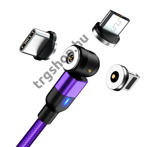 Mágneses töltőkábel 540 fokban elforgatható USB IOS Micro és C csatlakozóval (lila)