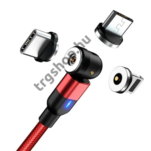 Mágneses töltőkábel 540 fokban elforgatható USB IOS Micro és C csatlakozóval (piros)