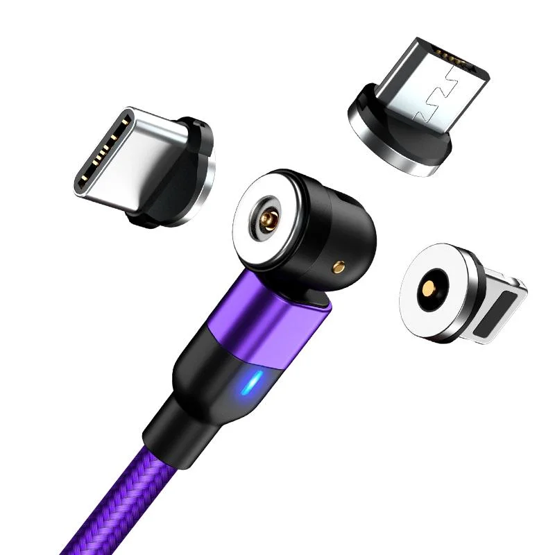 Telefon töltő kábel mágneses 540 fokban elforgatható USB-C, USB-micro vagy IPphone csatlakozóval (lila)