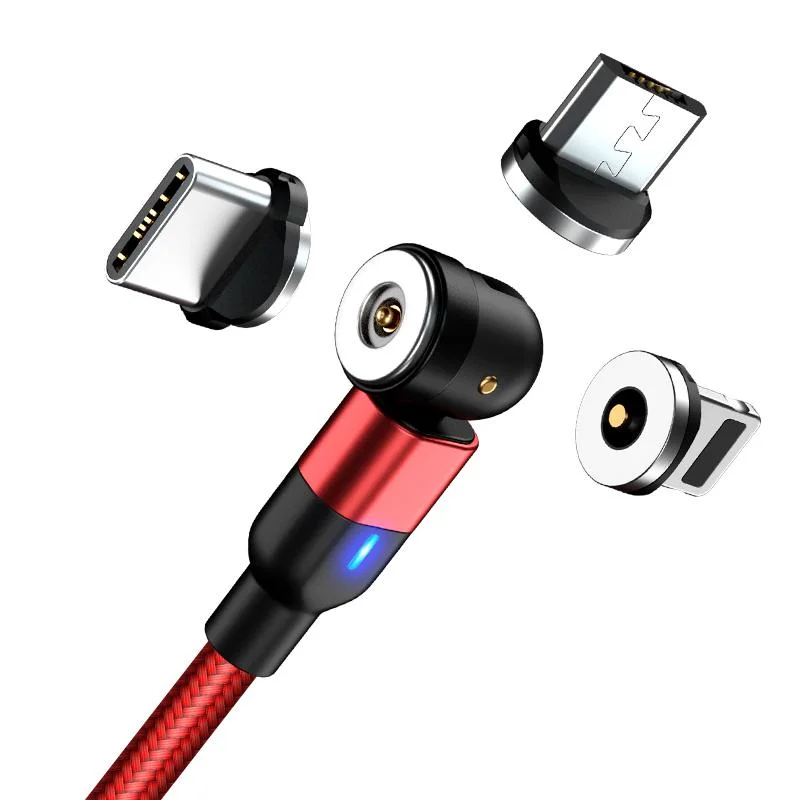 Telefon töltő kábel mágneses 540 fokban elforgatható USB-C, USB-micro vagy IPphone csatlakozóval (piros)