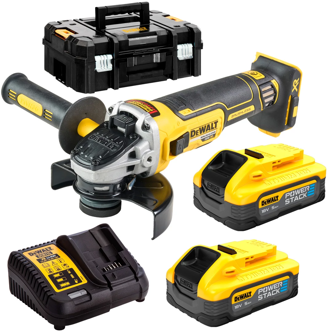 DeWalt 18V XR sarokcsiszoló 2 × POWERSTACK 5,0 Ah akkumulátor, TSTAK-ban DCG405H2T-QW
