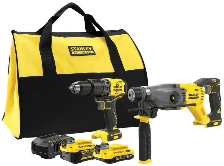 Stanley V20 kefe-nélküli fúrókalapács + ütvefúró-csavarozó készlet